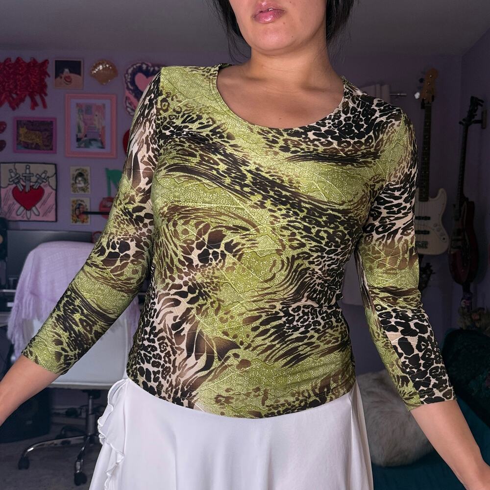 Vintage Y2K funky green leopard print blouse